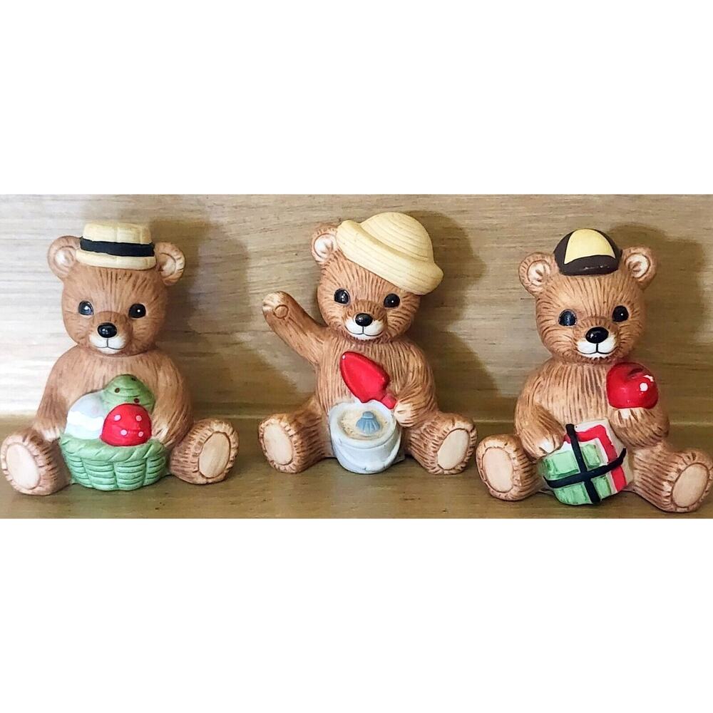 Vtg HOMCO 1413 April September & August Monthly Calendar Bears Figurine Lot Of 3